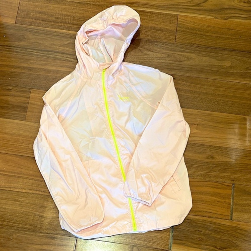 Giordano 155 Girls Junior Windbreaker Light Pink Hooded w Neon Yellow Zipper
